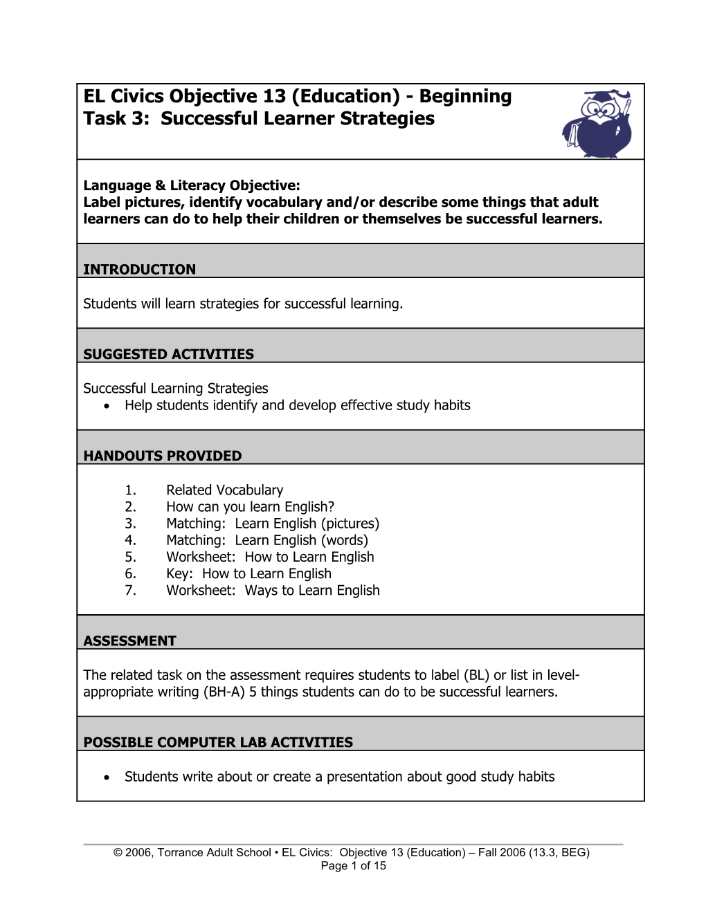 EL Civics Objective 13 (Education) - Beginning