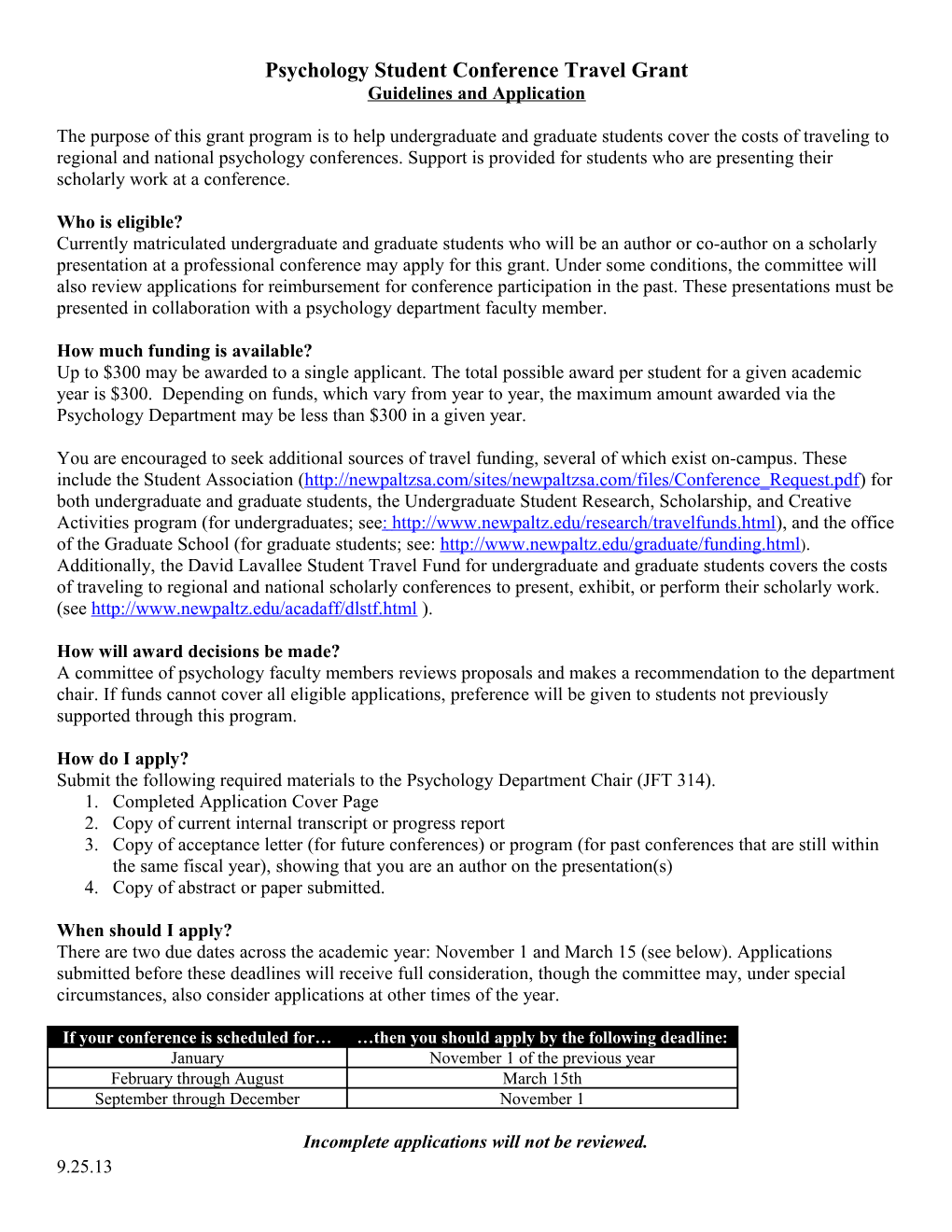 Psychology Student Conference Travel Grant Guidelines
