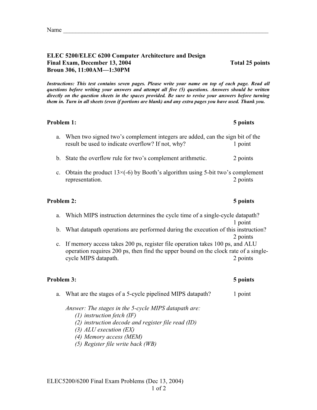 ELEC 5200/ELEC 6200 Computer Architecture and Design