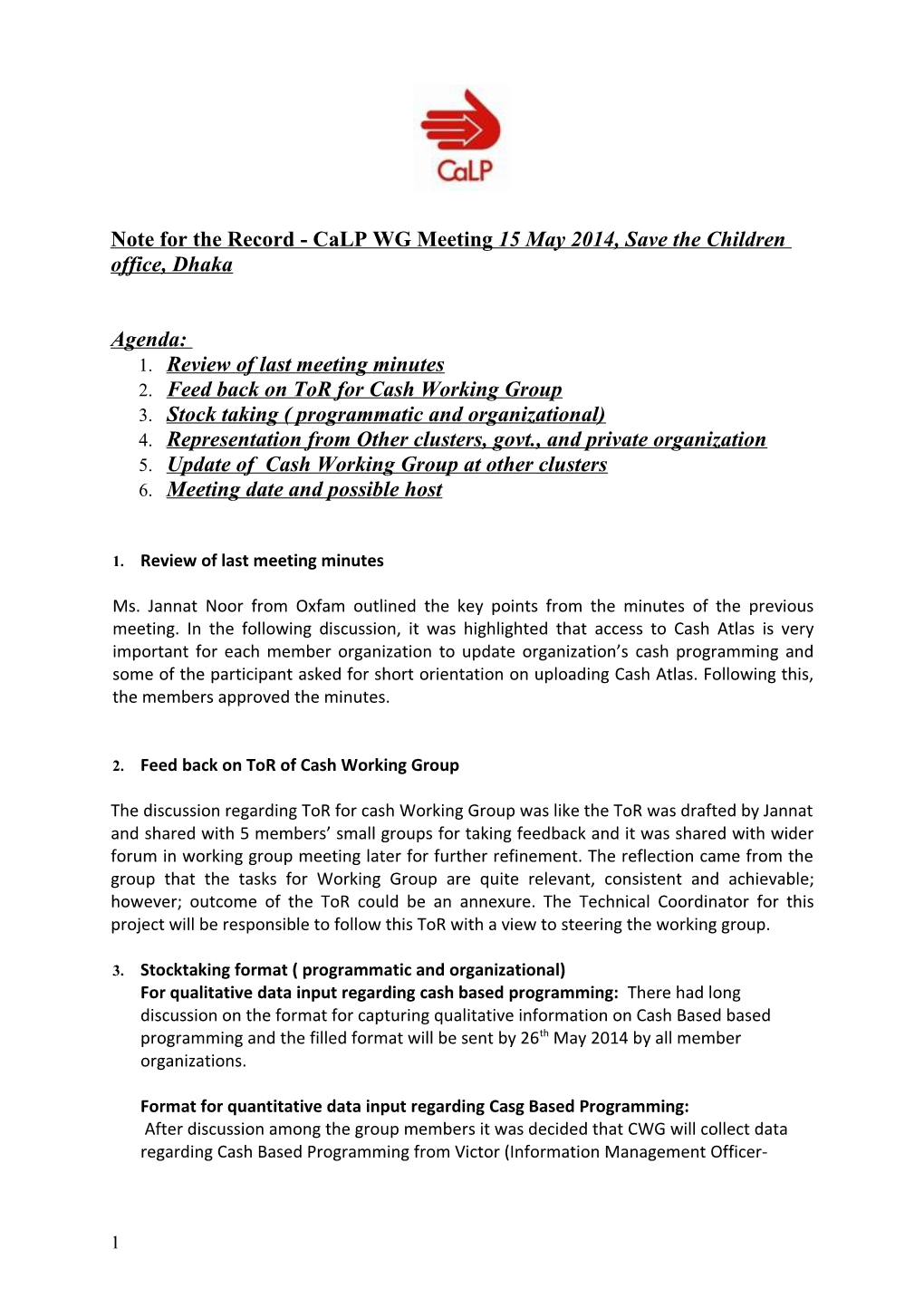 Note for the Record - Calpwg Meeting15 May 2014, Save the Children Office, Dhaka