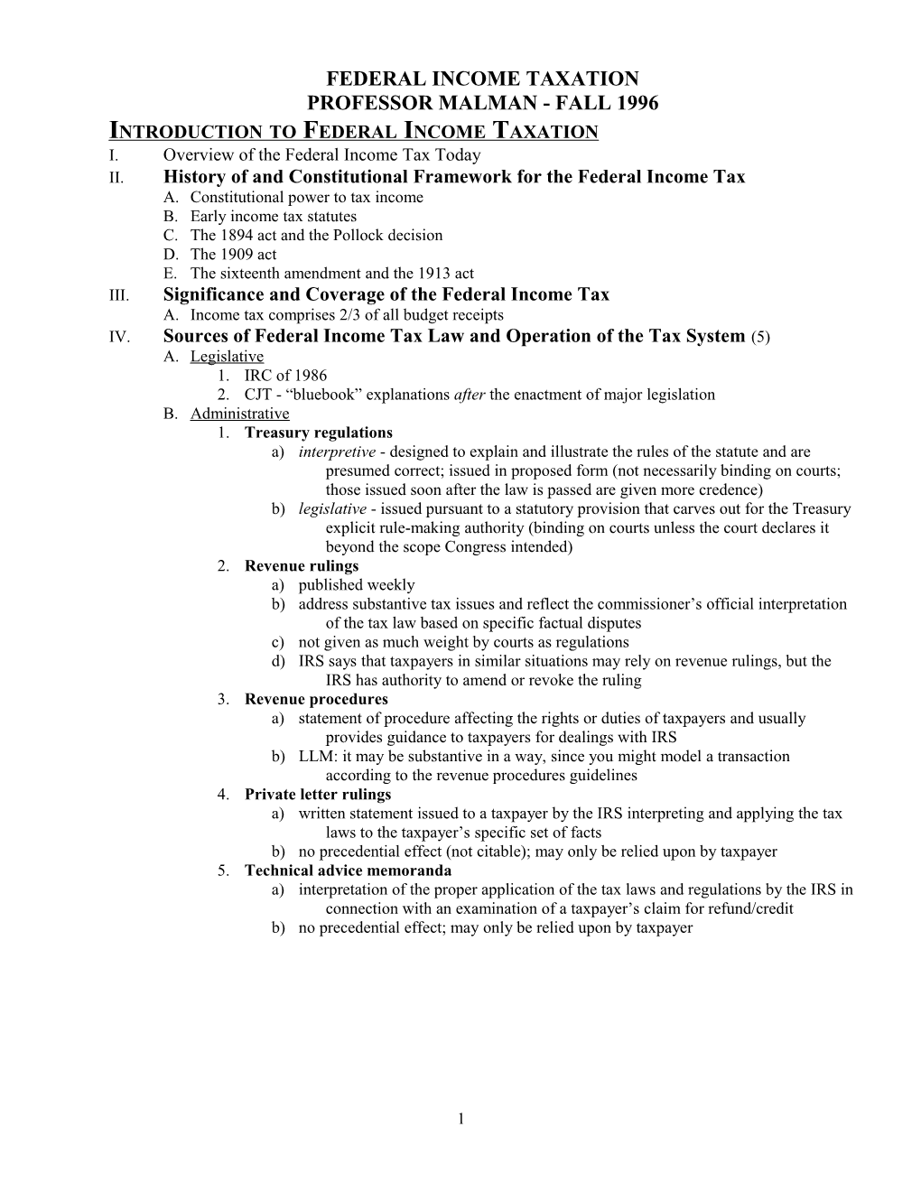 Introduction to Federal Income Taxation