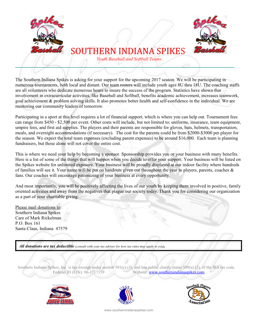 Southern Indiana Spikes Letterhead 2006