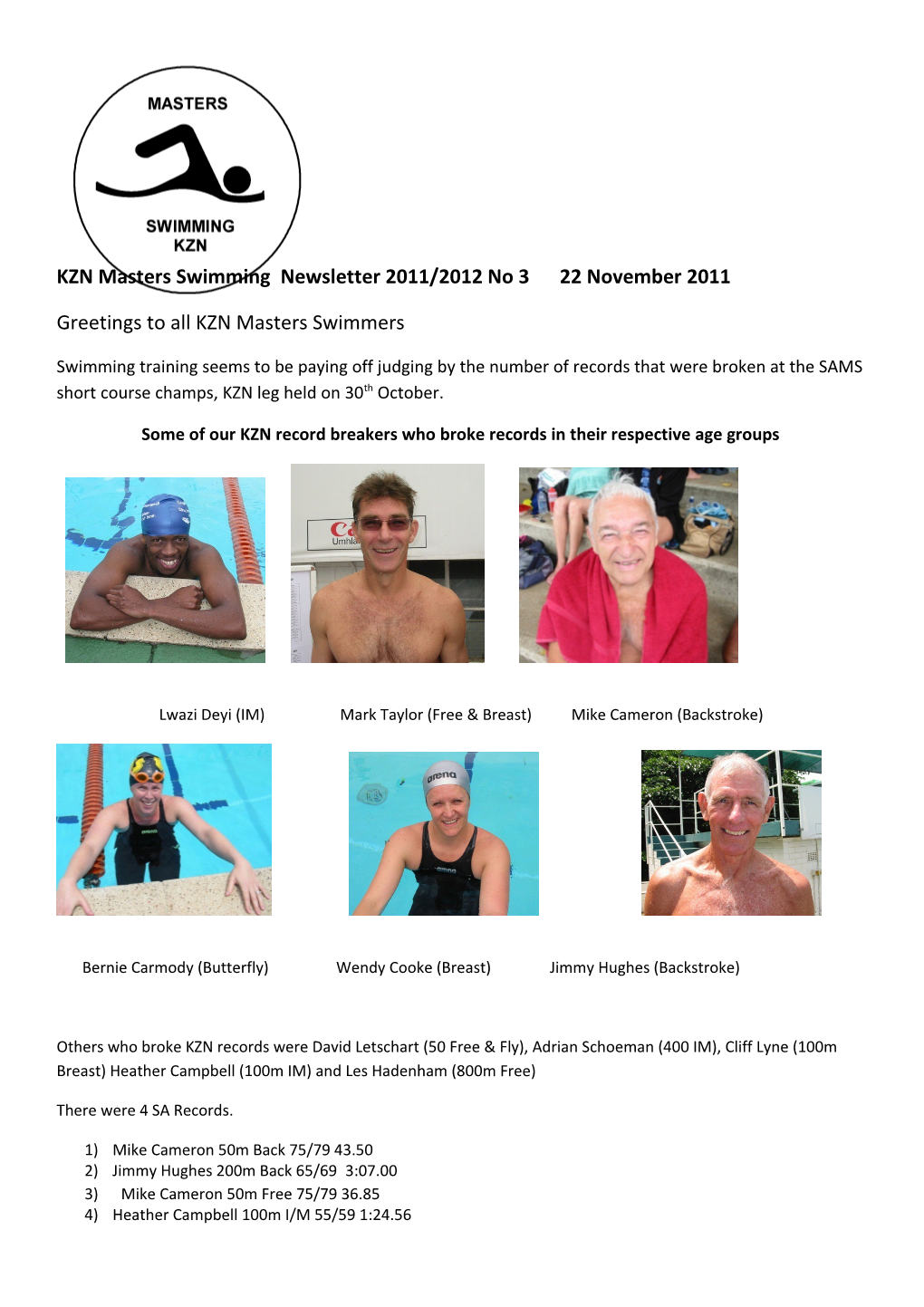 KZN Masters Swimming Newsletter 2011/2012 No 3 22 November 2011