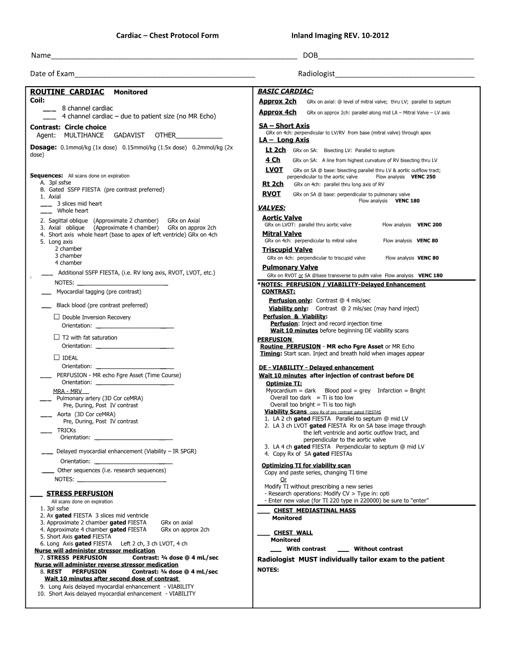 Cardiac Chest Protocol Form Inland Imaging REV. 10-2012