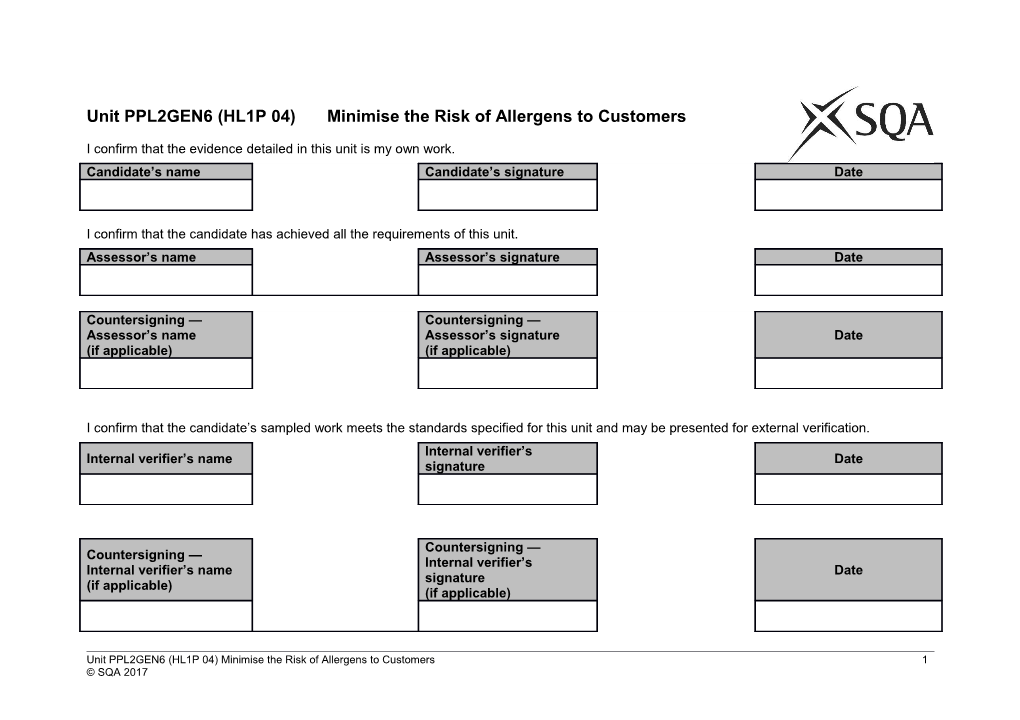 Unit PPL2GEN6 (HL1P 04)Minimise the Risk of Allergens to Customers