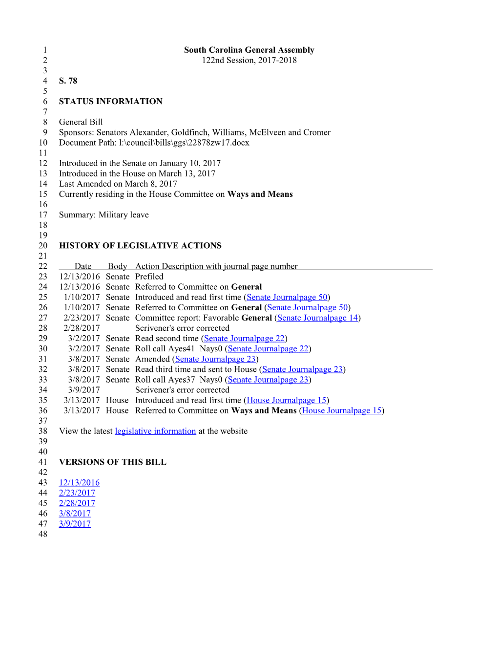 2017-2018 Bill 78: Military Leave - South Carolina Legislature Online