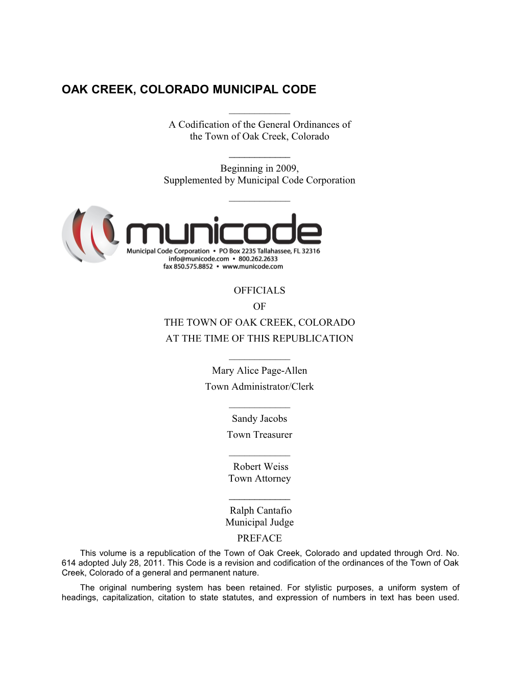 Oak Creek, Colorado Municipal Code