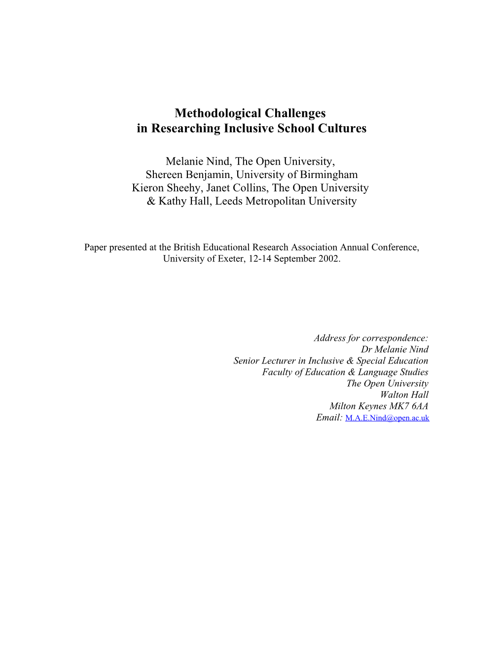 Methodological Challenges in Researching Inclusive School Cultures