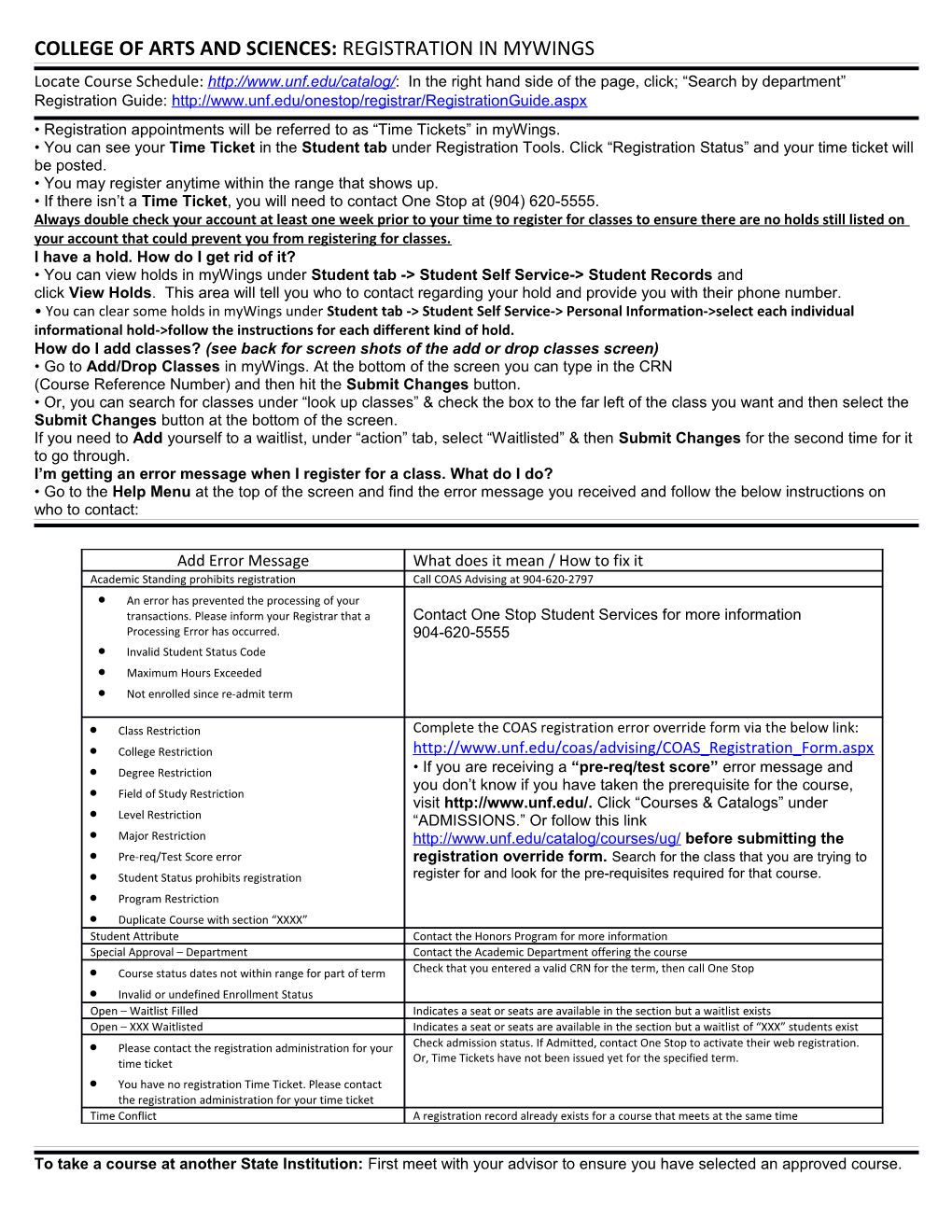 College of Arts and Sciences: Registration in Mywings