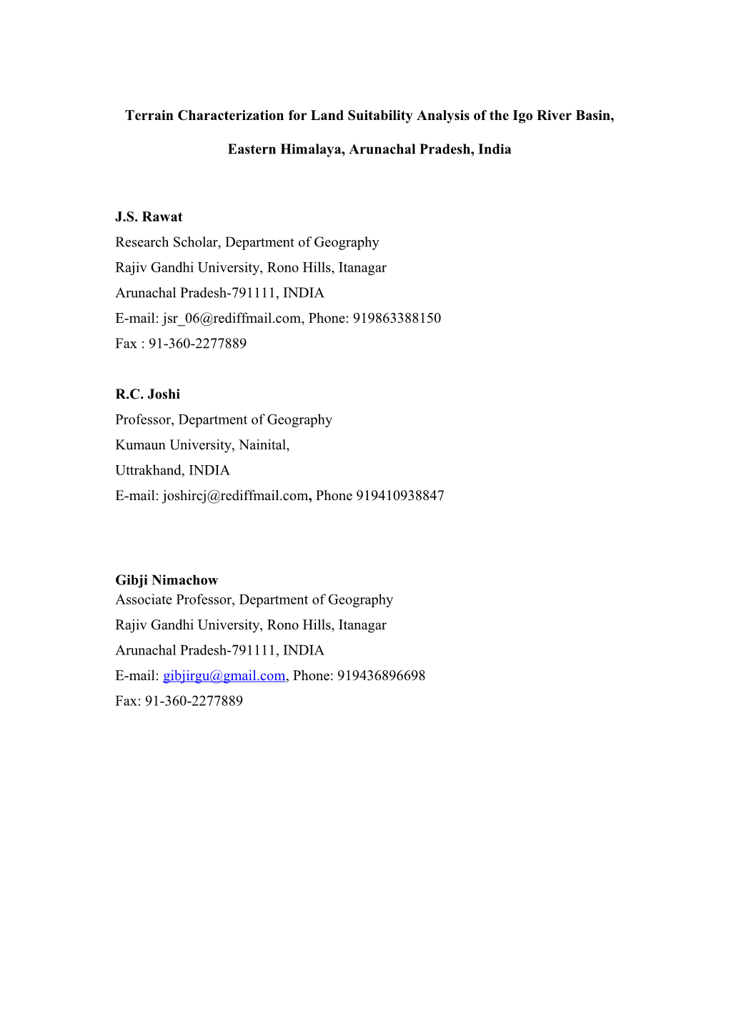 Terrain Characteristics and Their Impact on Landuse of the Igo River Basin, Eastern Himalaya