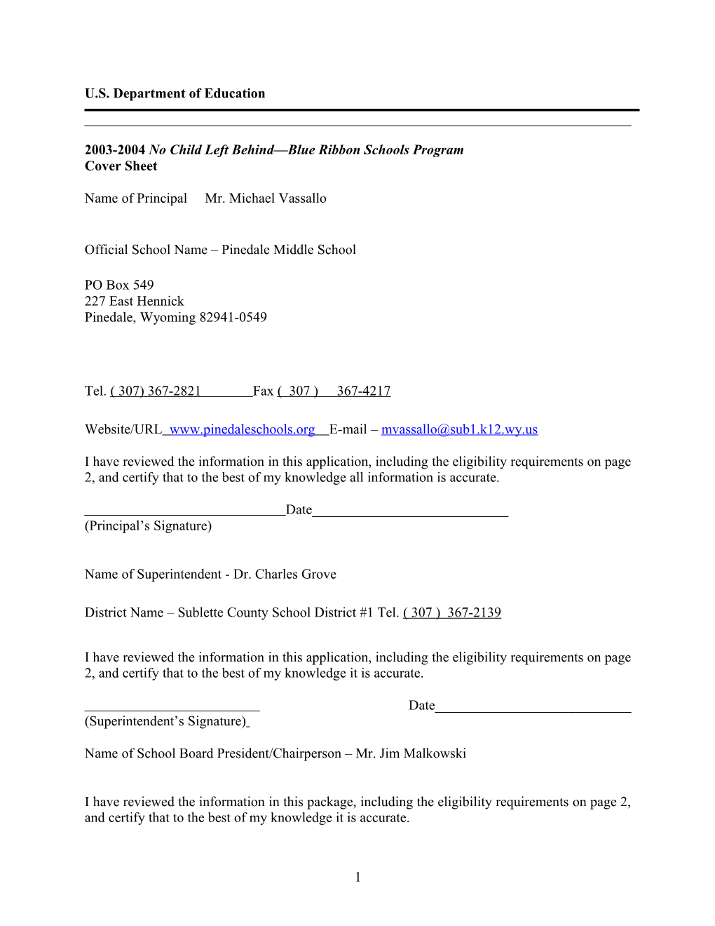 Pinedale Middle School 2004 No Child Left Behind-Blue Ribbon School Application (Msword)