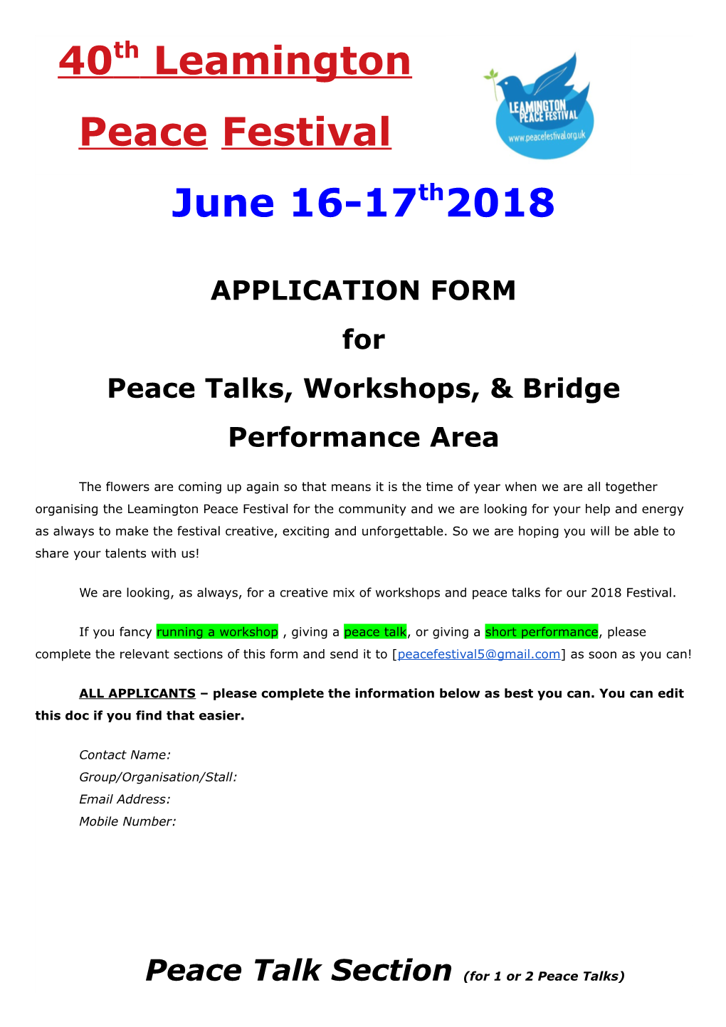 Peace Talks, Workshops, & Bridge Performance Area