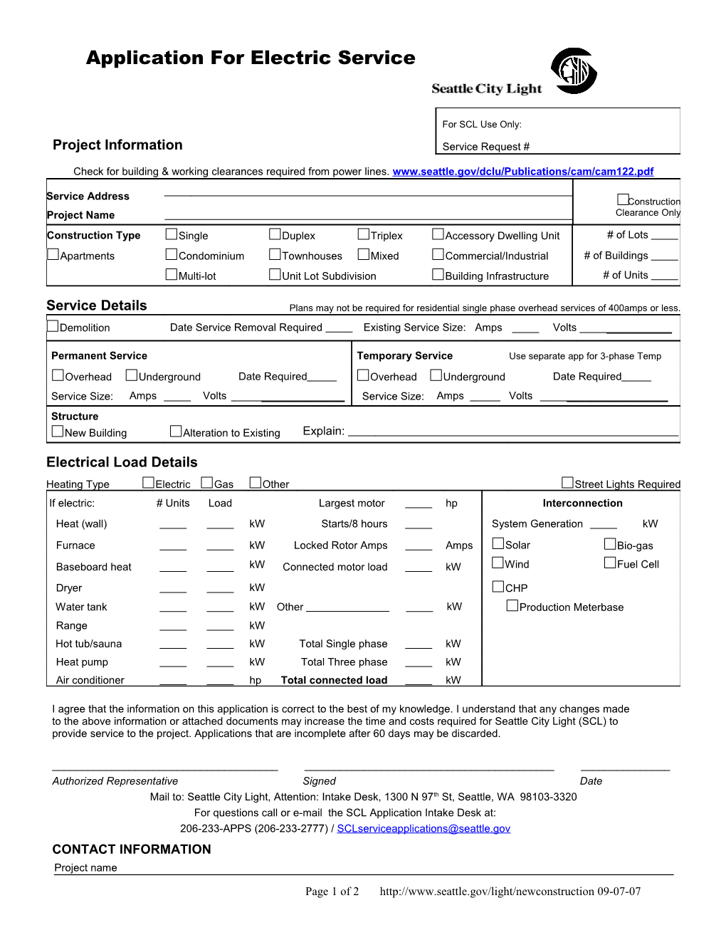 Application Only for Electrical Service - Word Format