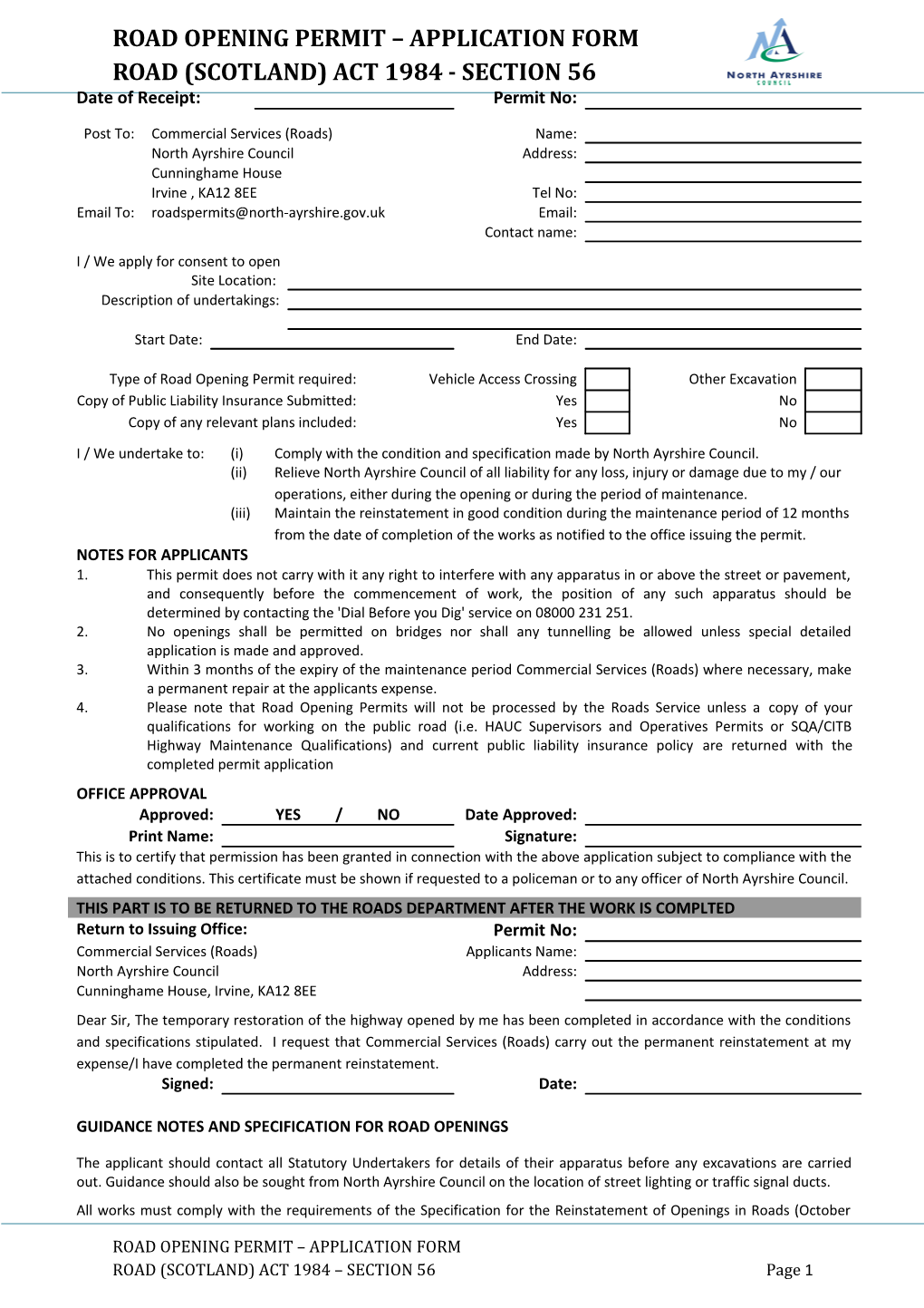 Road Opening Application