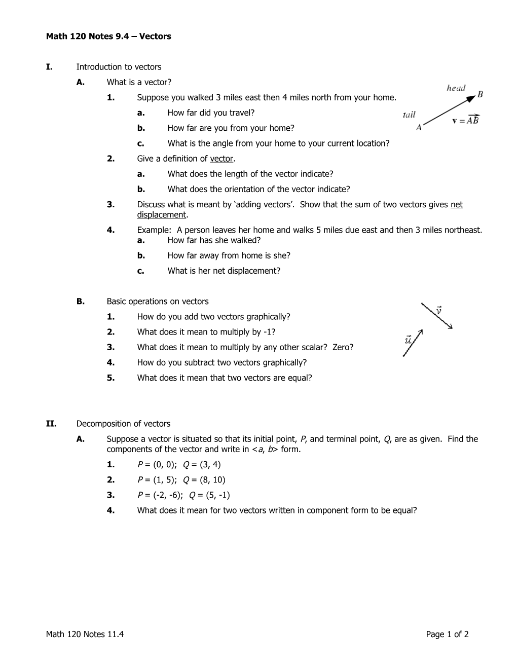 Math 120 Notes 9.4 Vectors