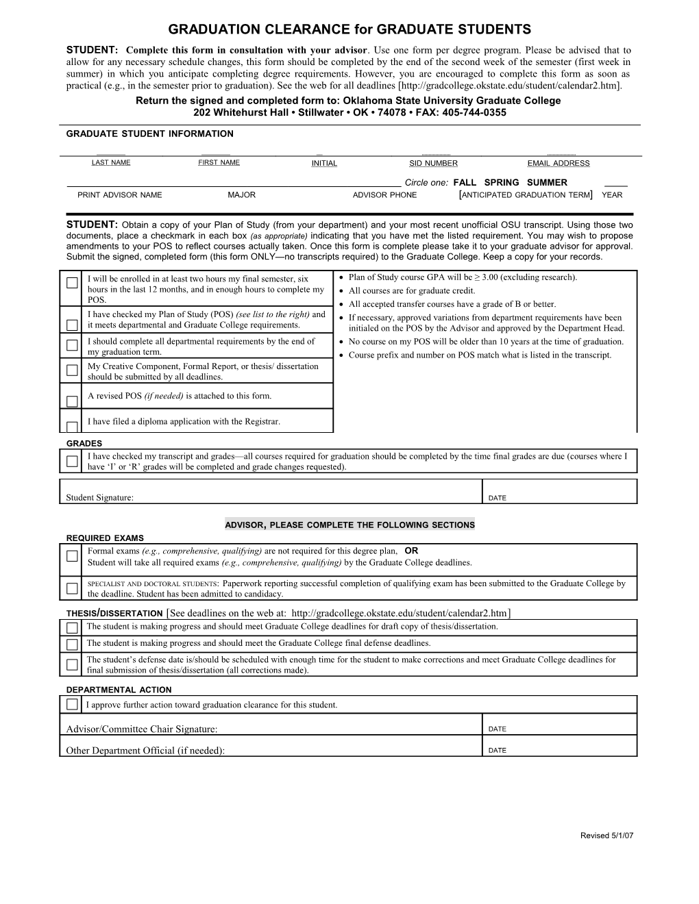 Oklahoma State University Graduate Clearance and Diploma Application