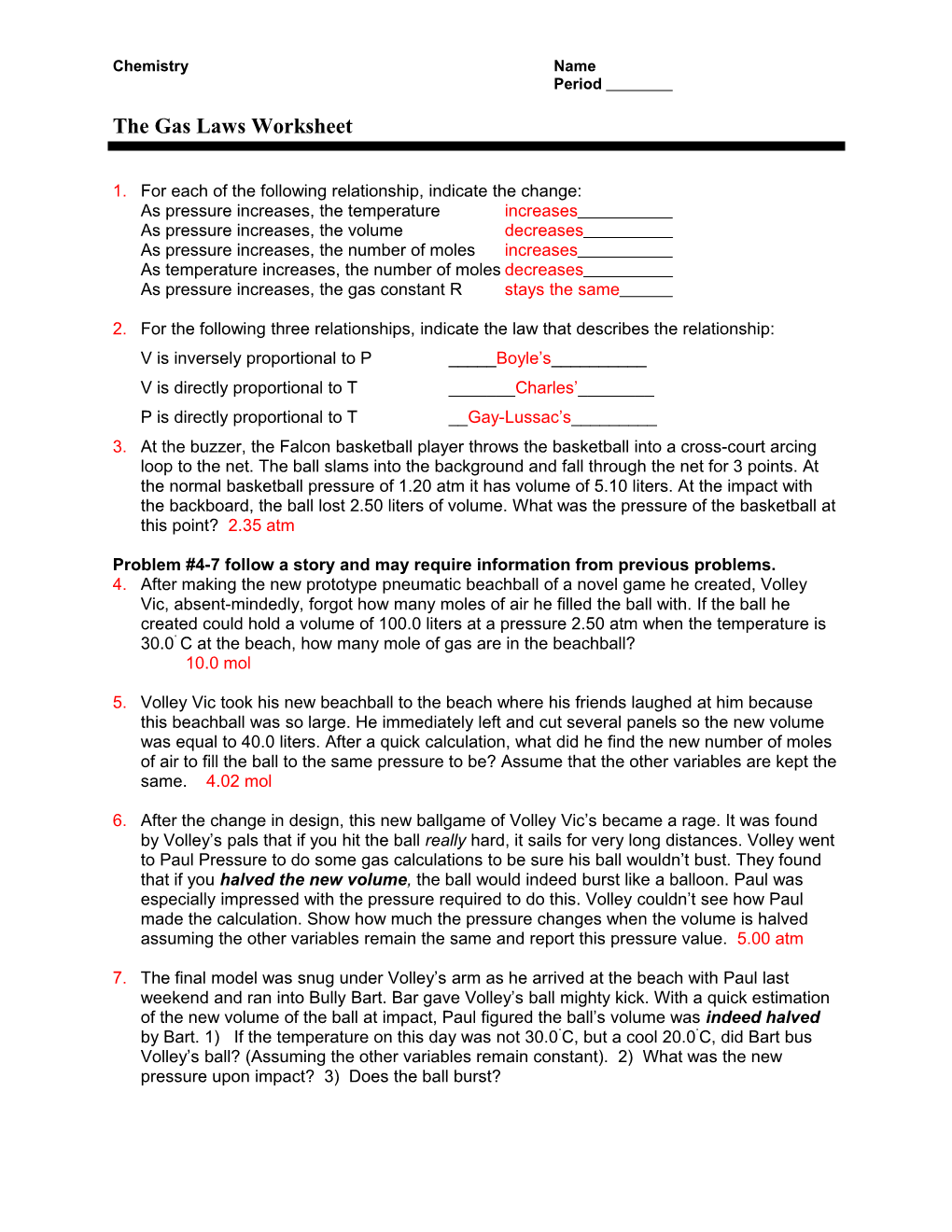 The Gas Laws Worksheet