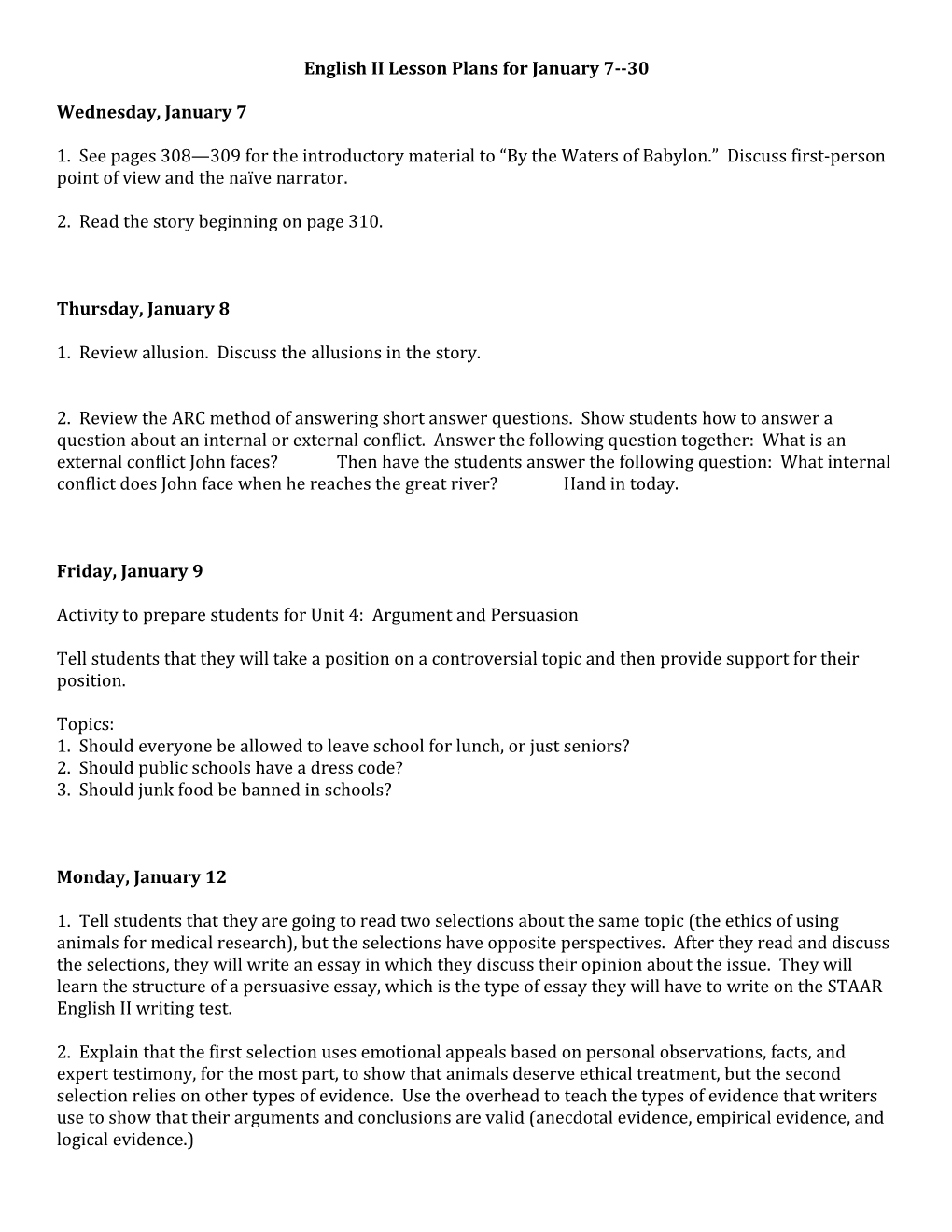 English II Lesson Plans for January 7 30