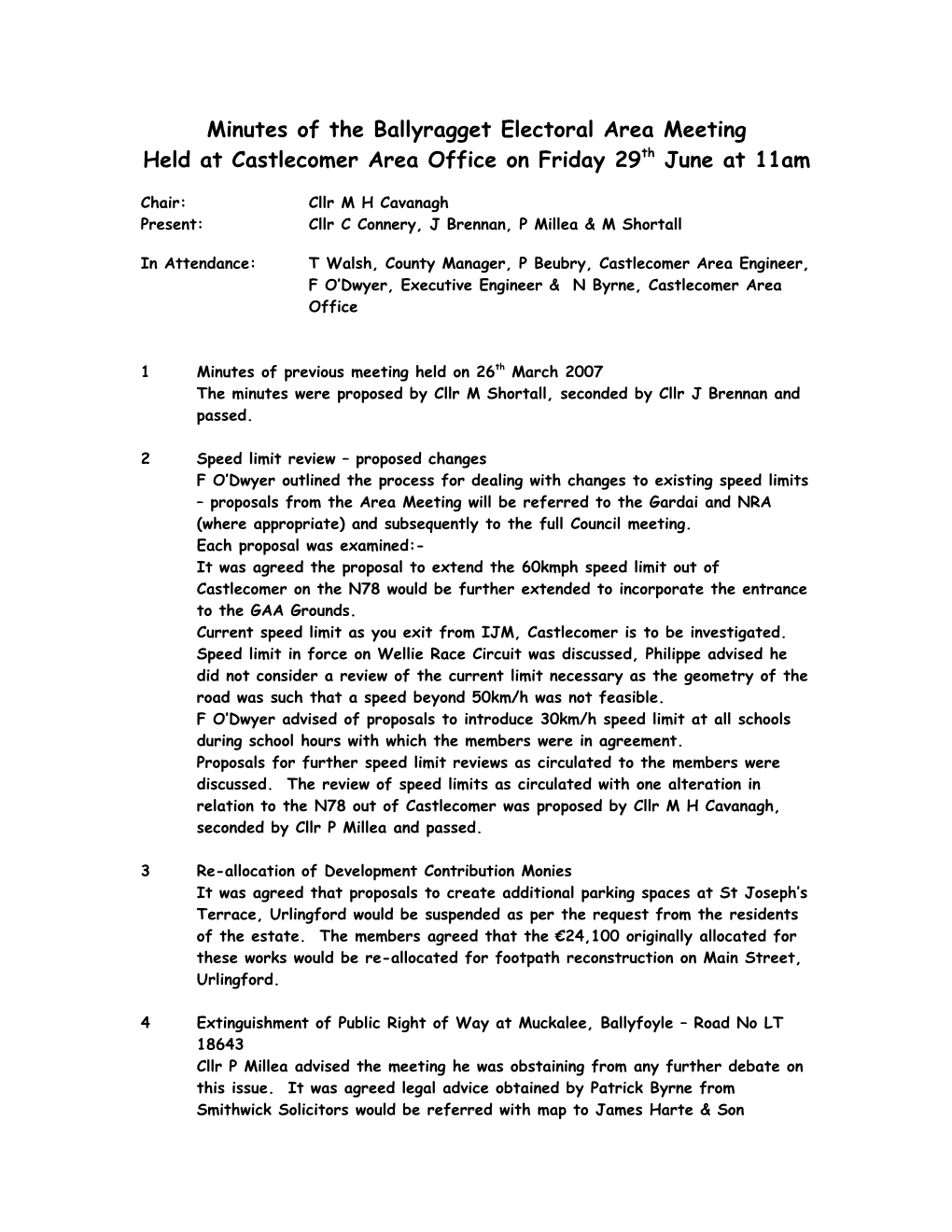 Minutes of the Ballyragget Electoral Area Meeting