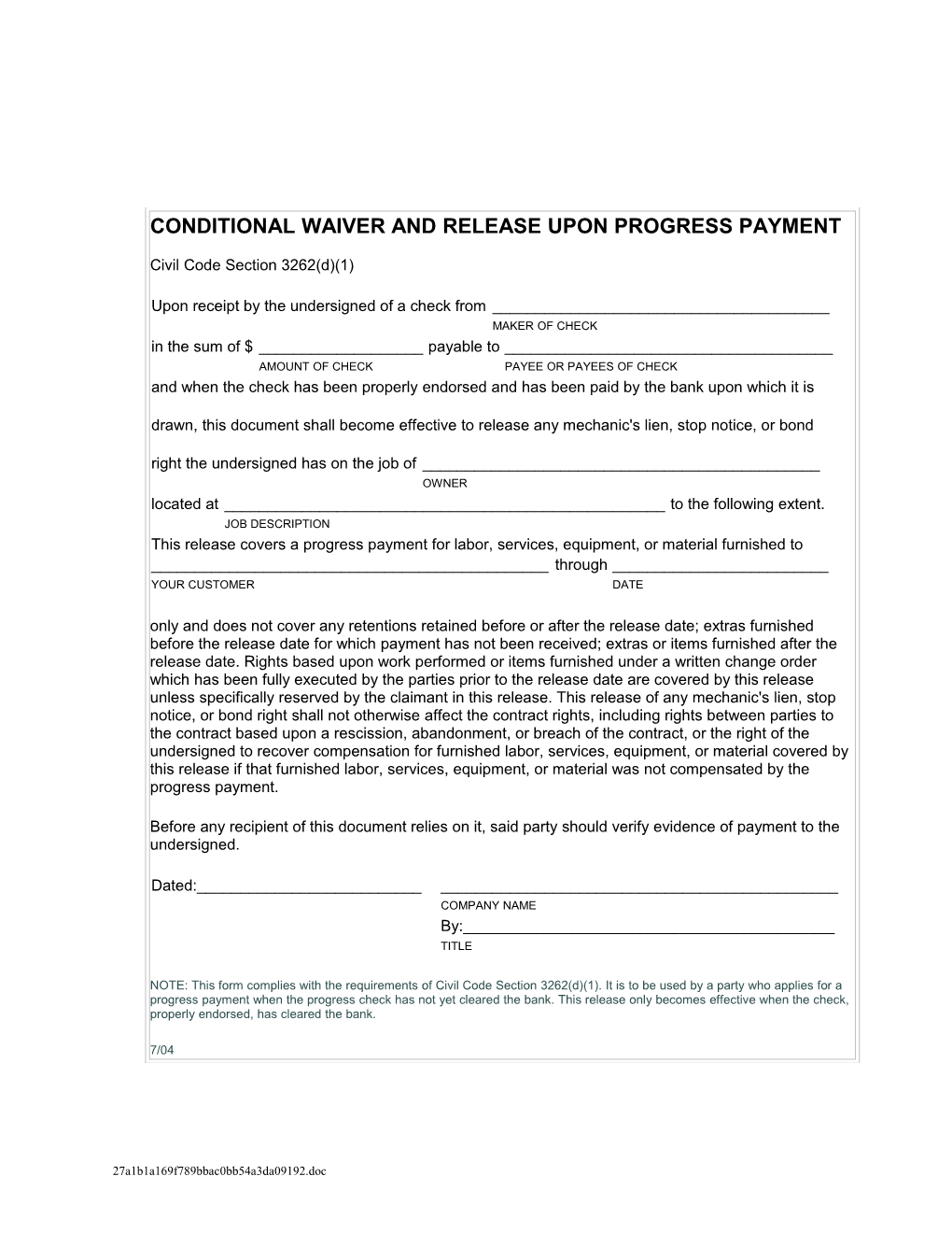 Conditional Waiver and Release Upon Progress Payment