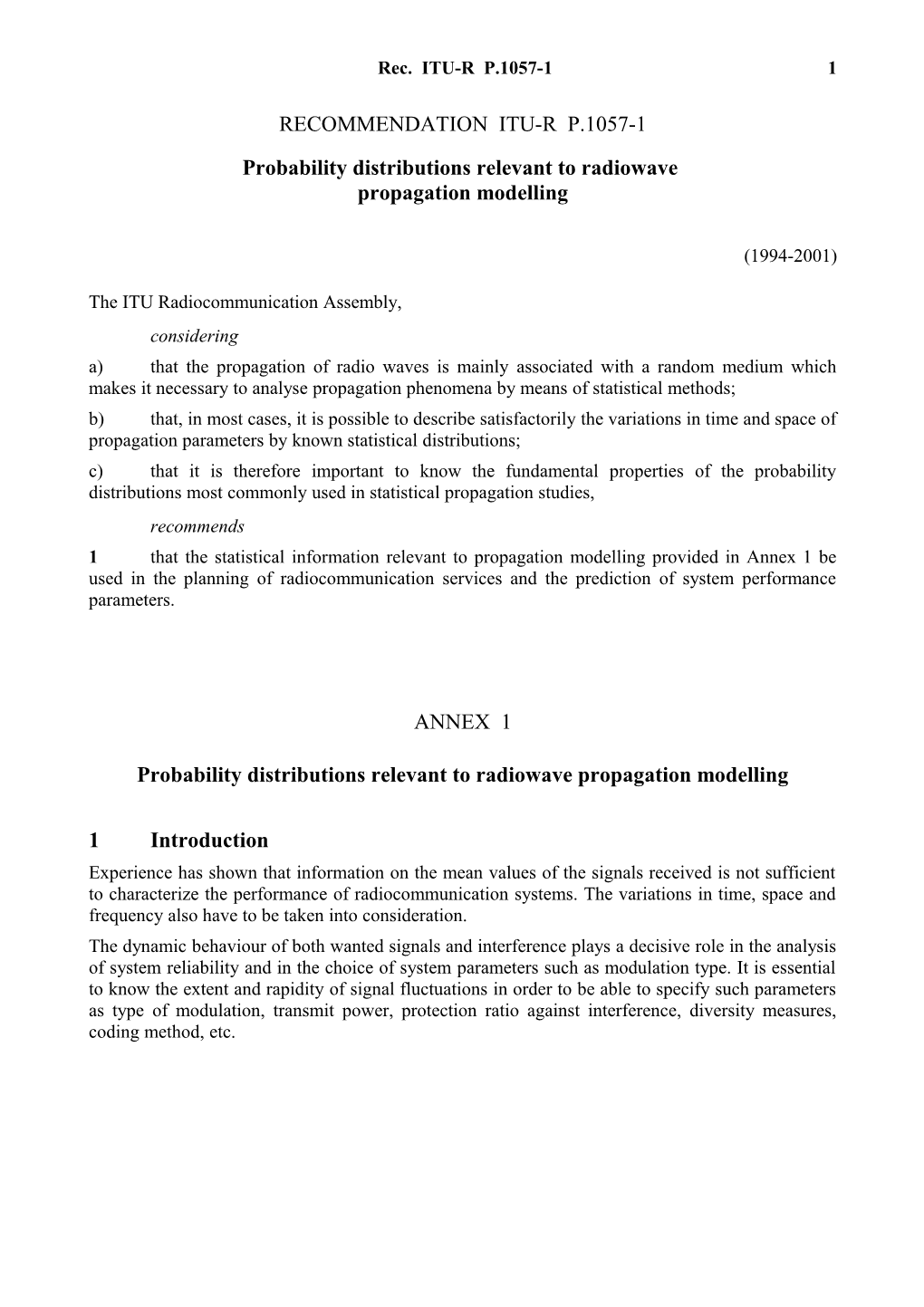 RECOMMENDATION ITU-R P.1057-1 - Probability Distributions Relevant to Radiowave Propagation