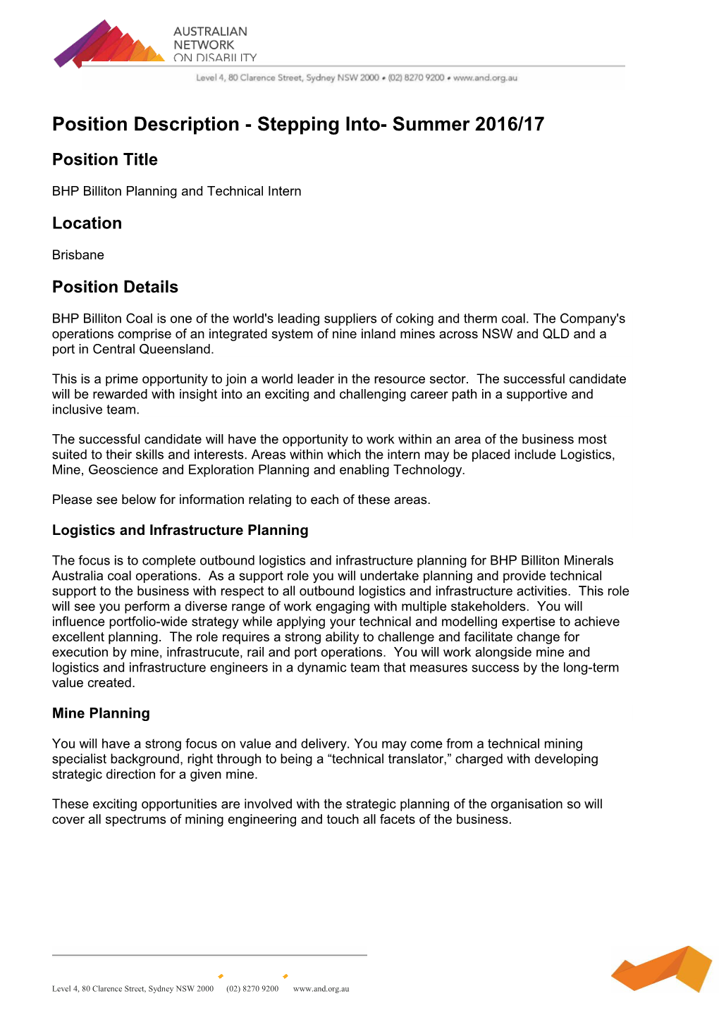 Position Description - Stepping Into- Summer 2016/17 s1