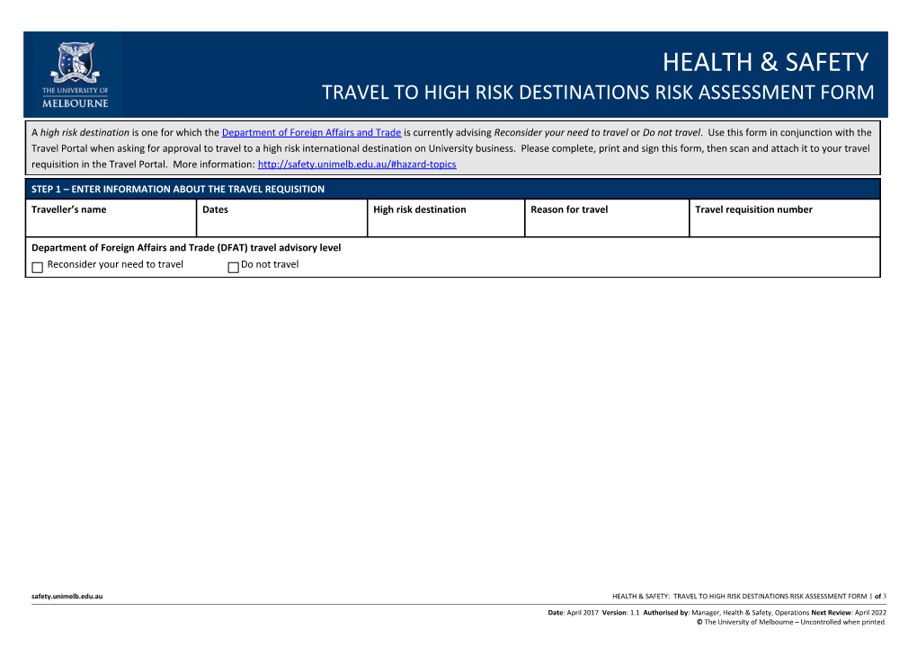 Travel to High Risk Destinations: Risk Assessment Form