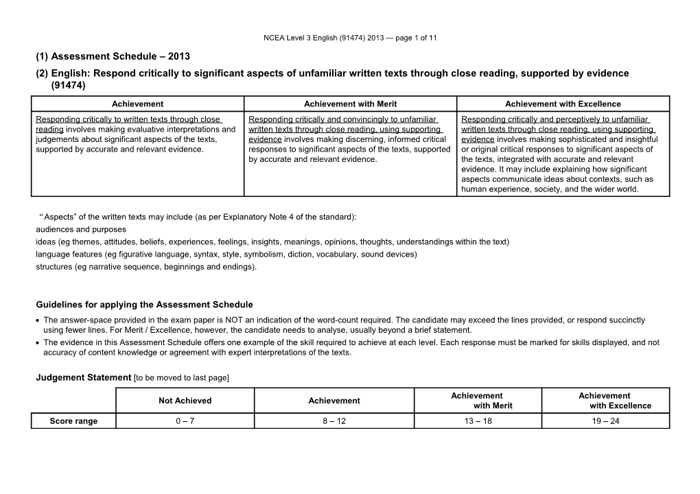 NCEA Level 3 English (91474) 2013 Assessment Schedule