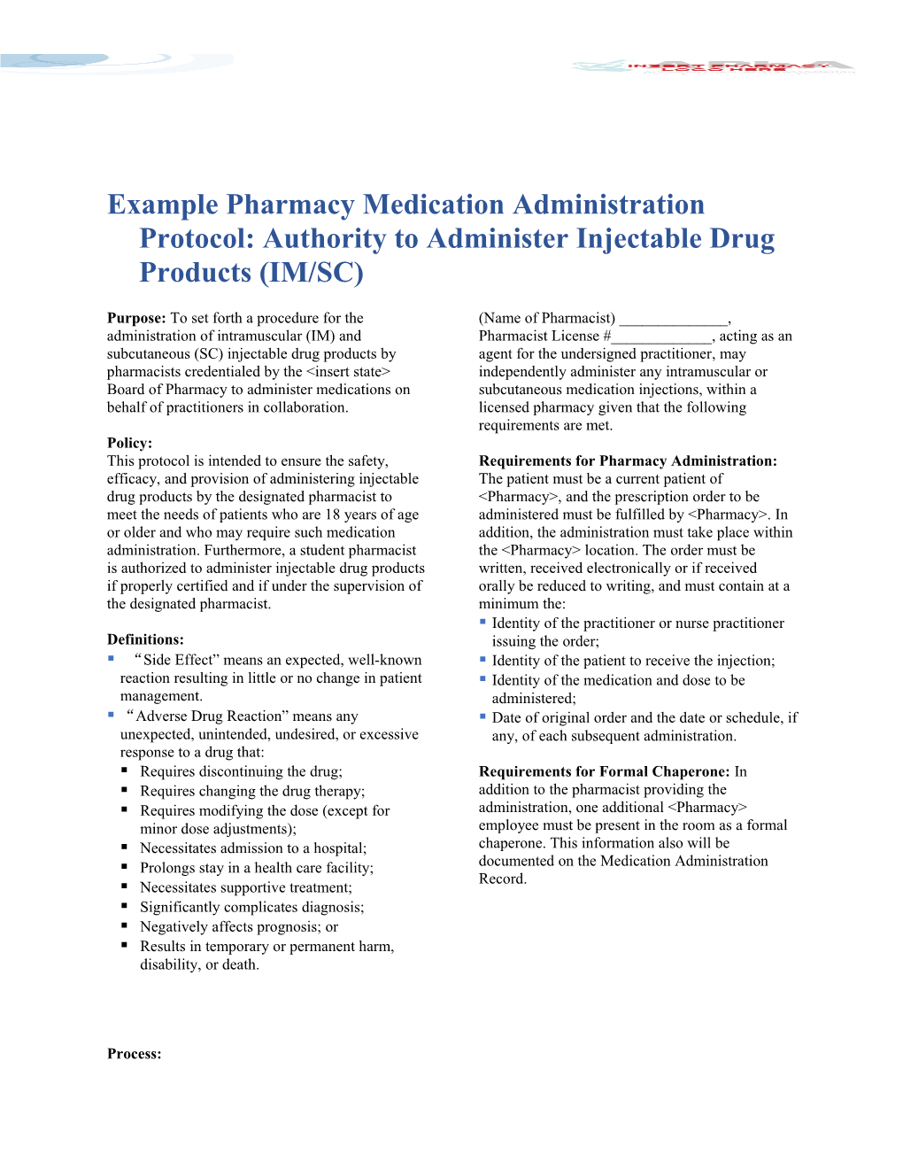 Example Pharmacy Medication Administration Protocol: Authority to Administer Injectable