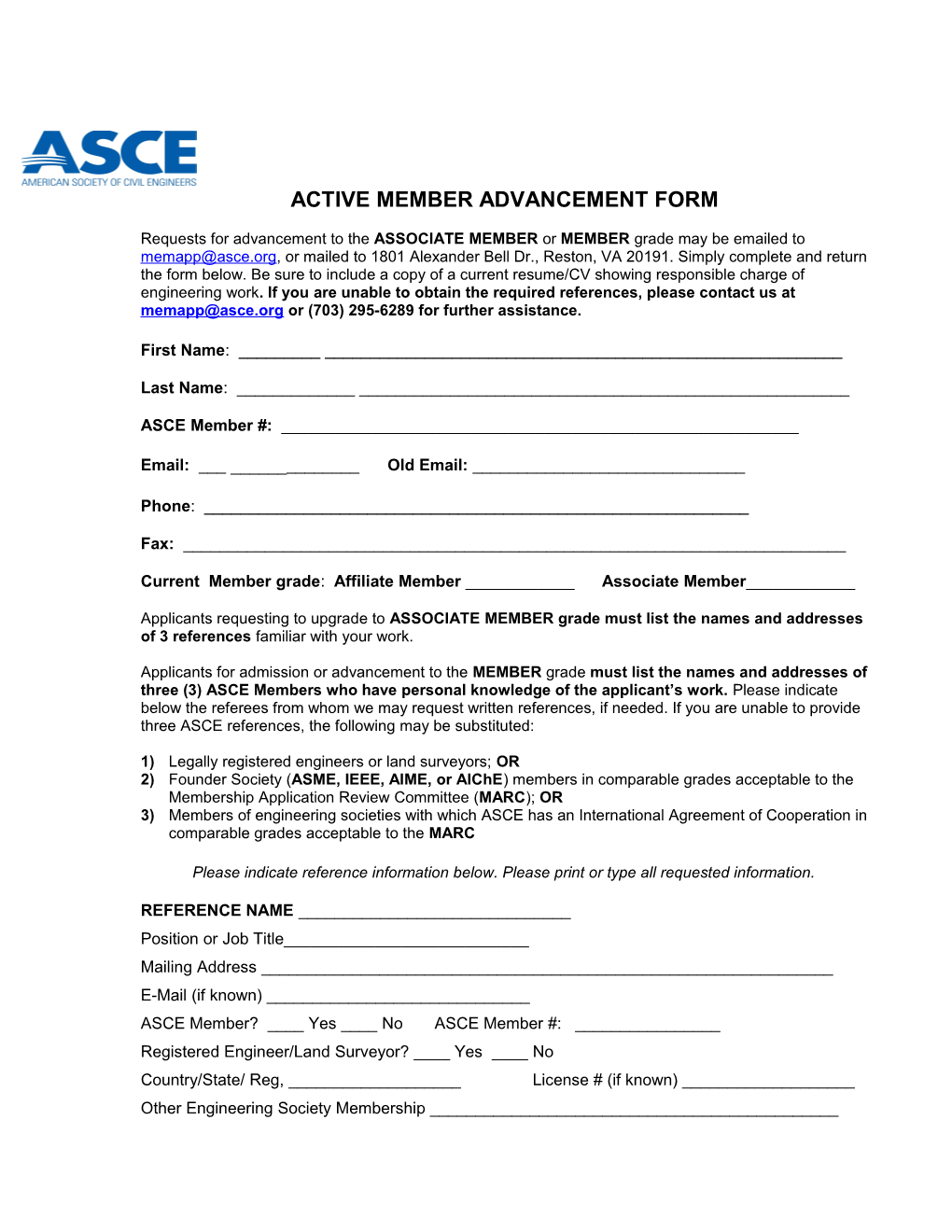 Requests for Advancement to the Member Grade May Be Emailed to Memapp Asce