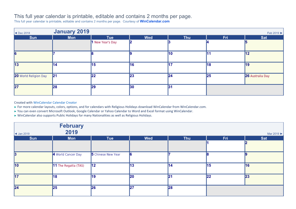 January 2019 Australia Calendar Template