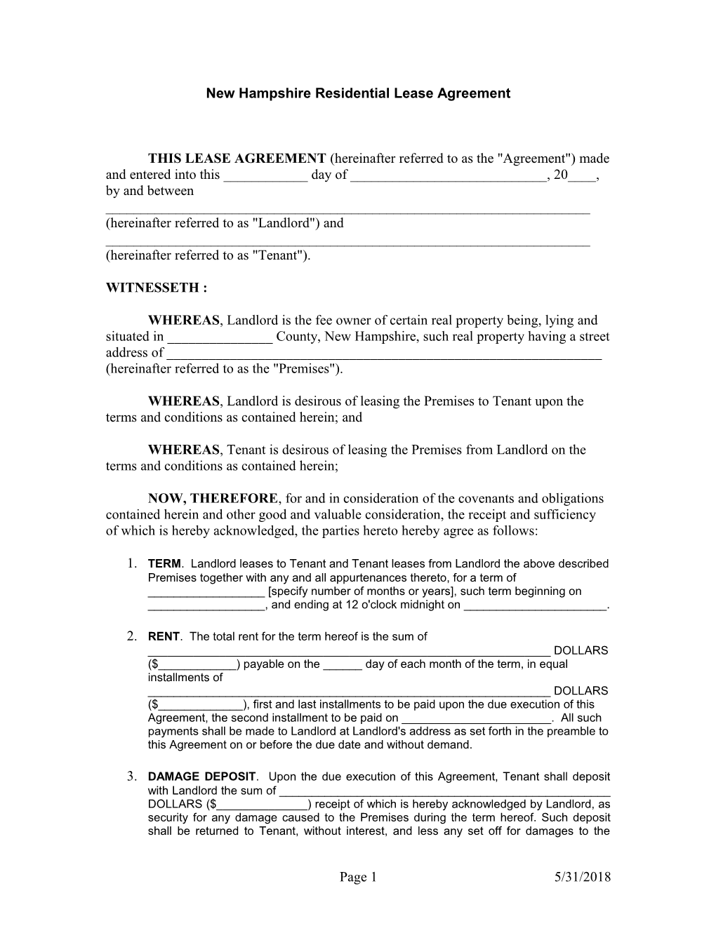 New Hampshire Residential Lease Agreement