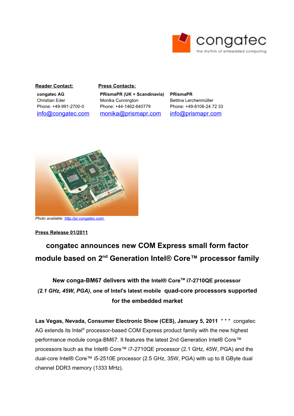 Congatec Announces New COM Express Small Form Factor Module Based on 2Nd Generation Intel