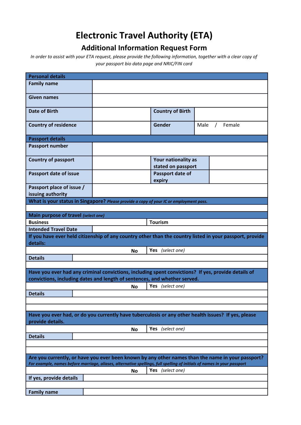 Electronic Travel Authority (ETA) Additional Information Request Form in Order to Assist