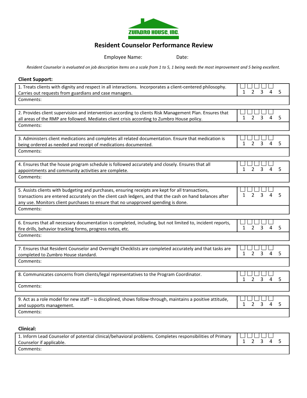 Resident Counselor Performance Review