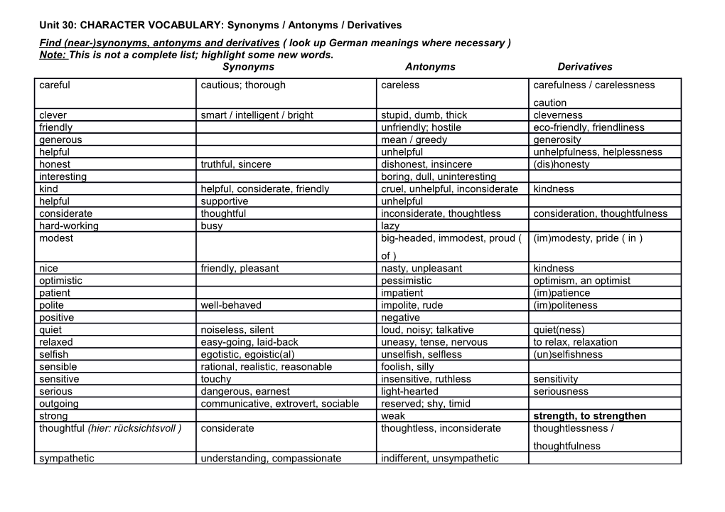 Find (Near-)Synonyms, Antonyms and Derivatives ( Look up German Meanings Where Necessary )