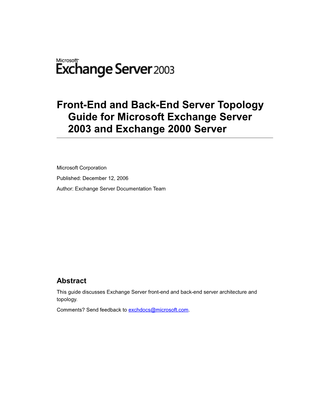 Front-End and Back-End Server Topology Guide for Microsoft Exchange Server 2003 and Exchange