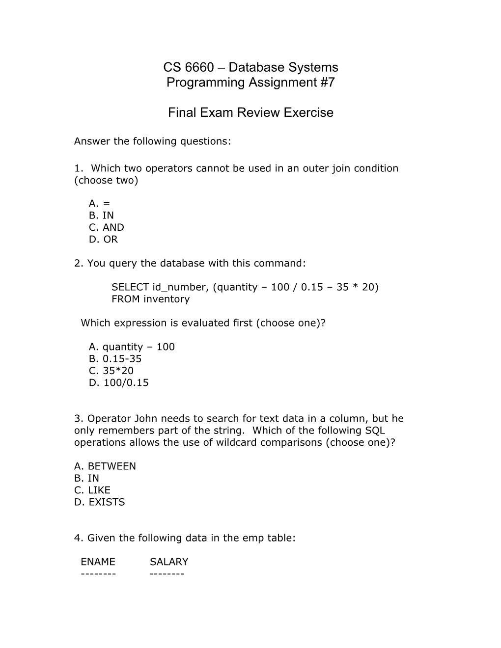 CS 6660 Database Systems Programming Assignment #7