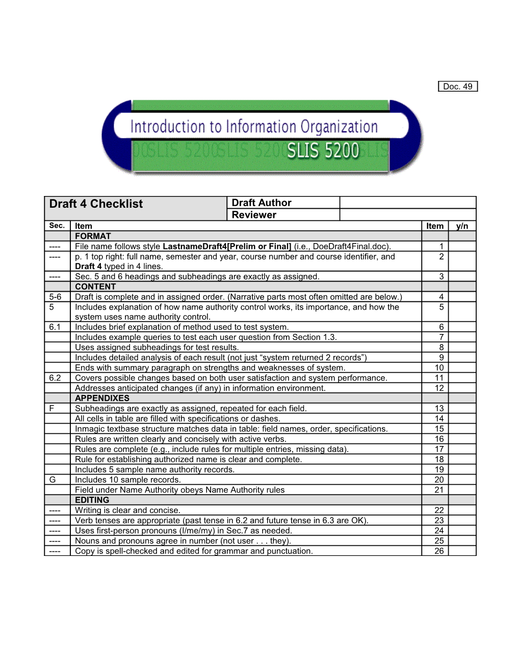 SLIS 5200: Organizaiton Project Draft 4 Checklist