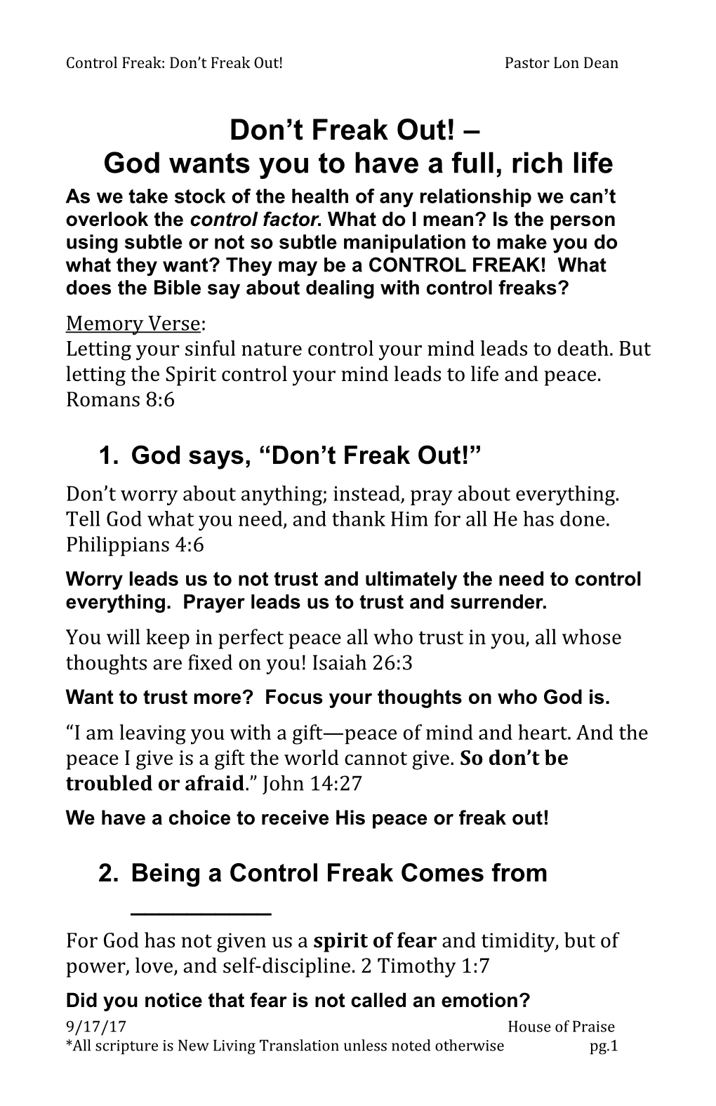 Control Freak: Don T Freak Out!Pastor Lon Dean