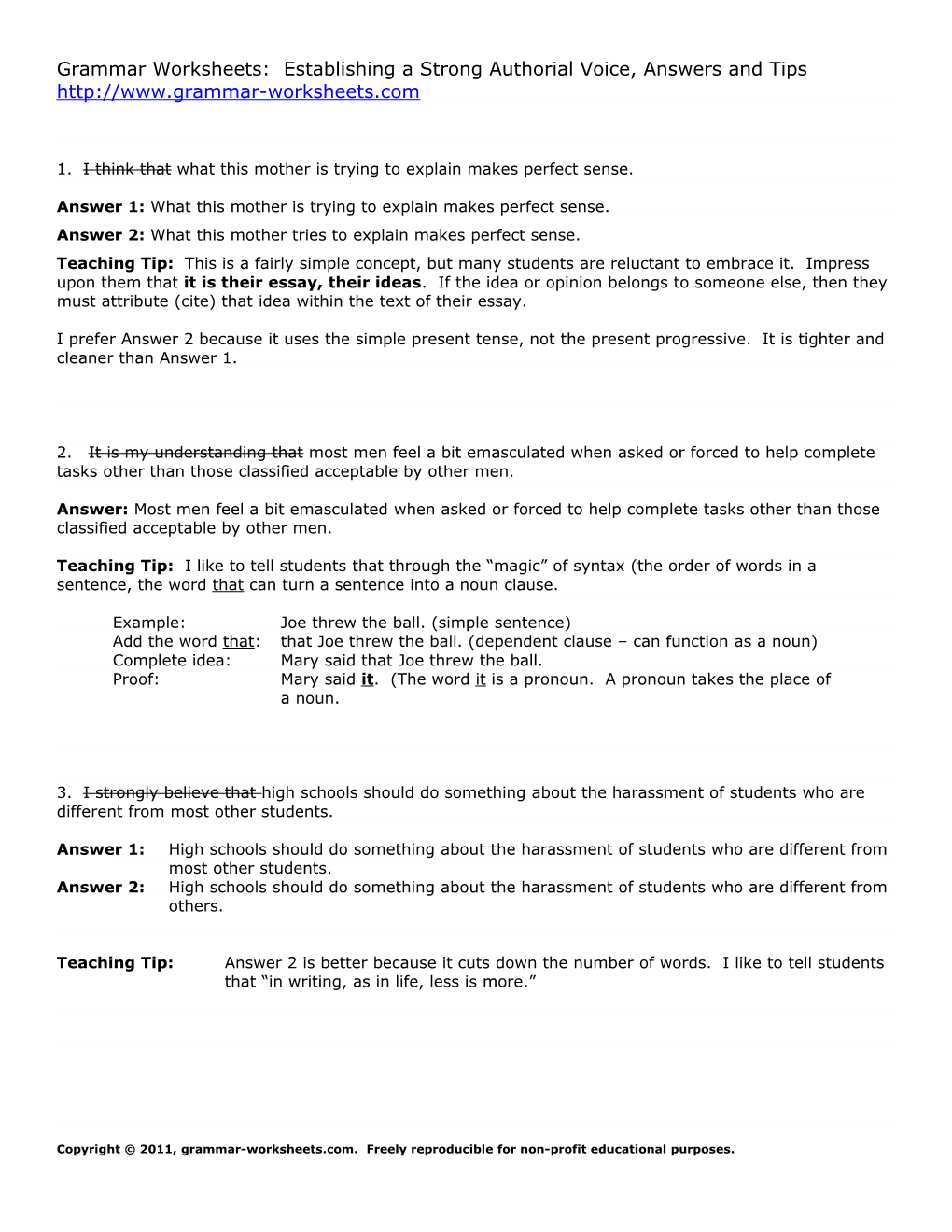 Grammar Worksheets: Establishing a Strong Authorial Voice, Answers and Tips