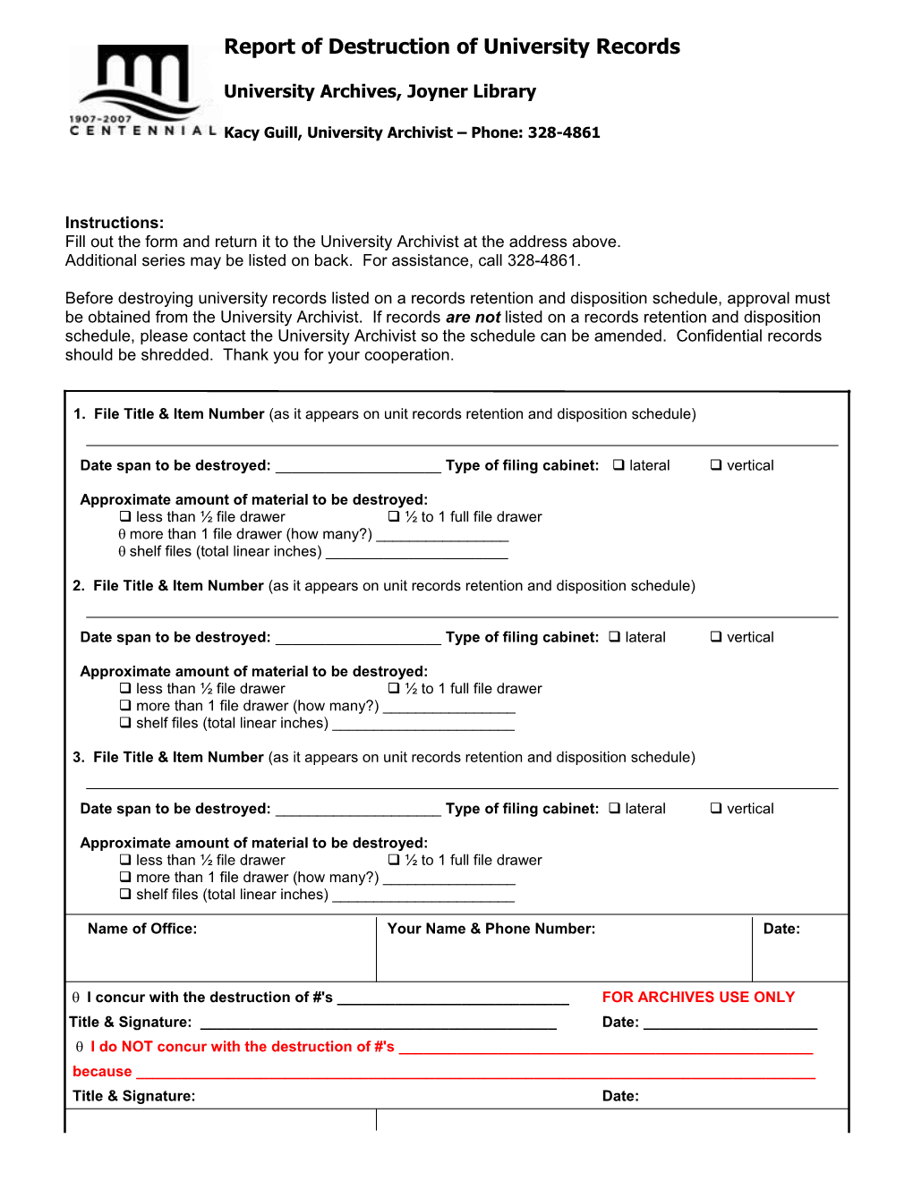 Report of Destruction of University Records