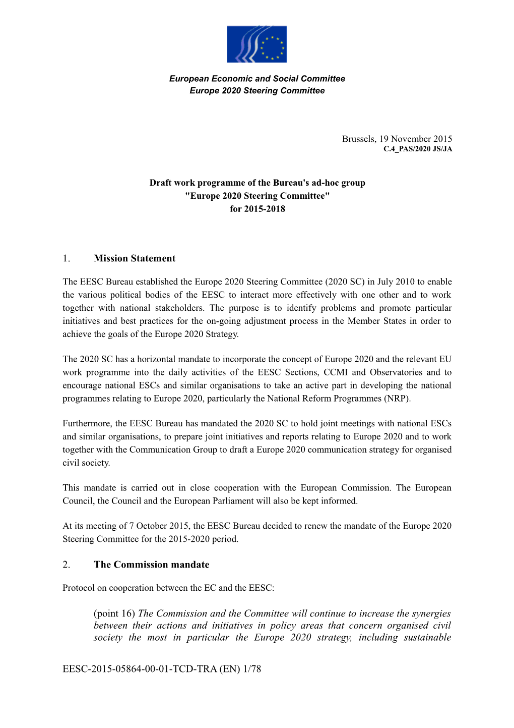 Draft Work Programme of the Europe2020 Steering Committee