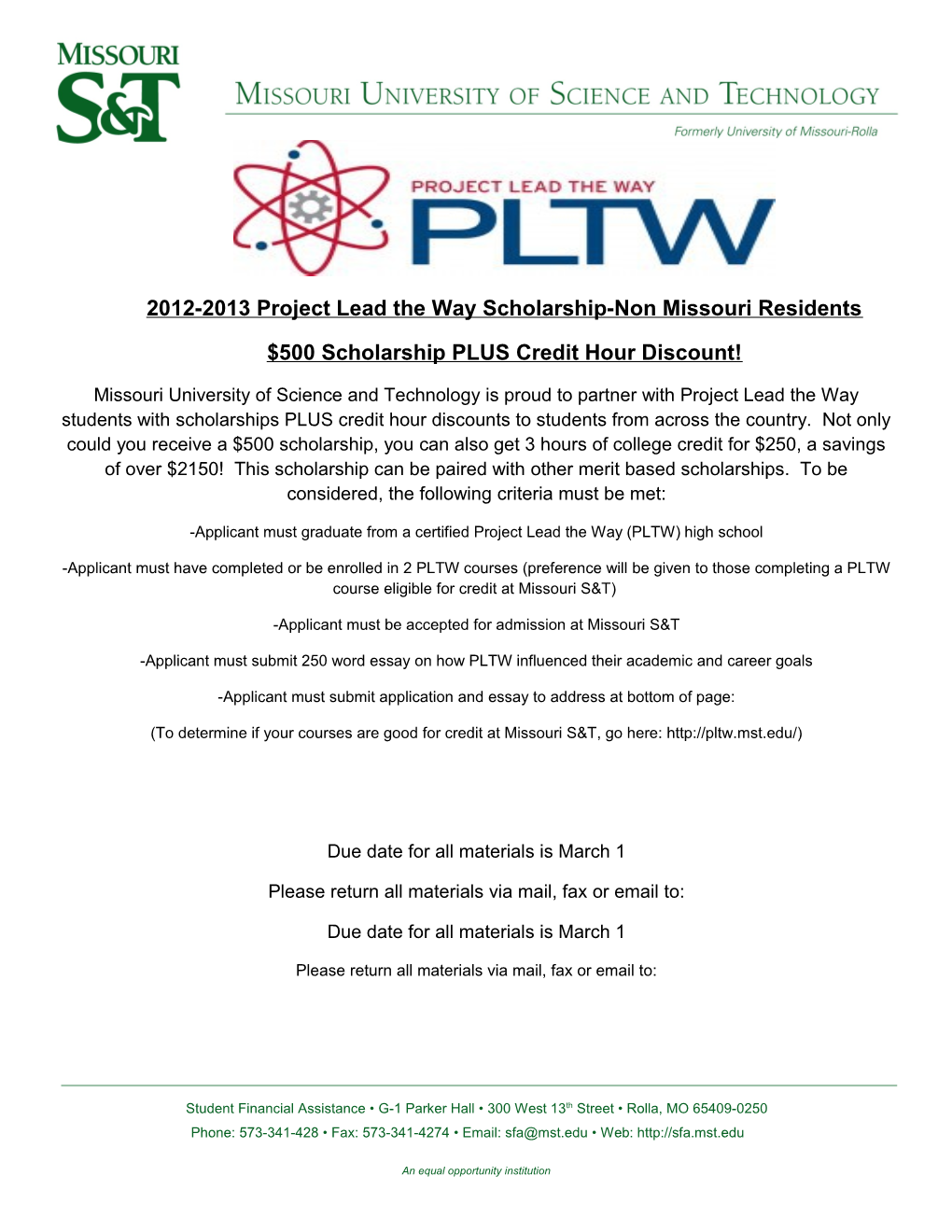 2012-2013 Project Lead the Way Scholarship-Non Missouri Residents