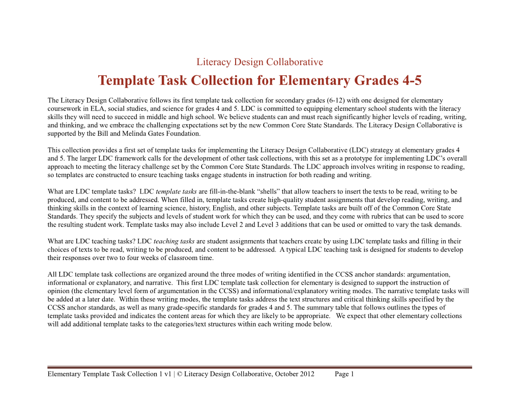 Template Task Collection for Elementary Grades 4-5