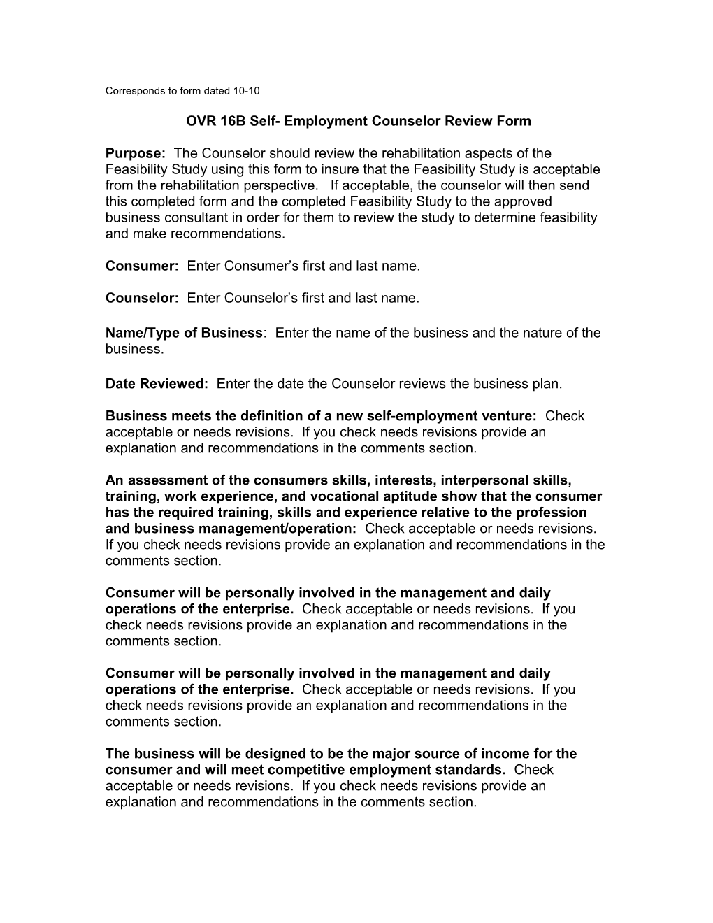 OVR 16B Self- Employment Counselor Review Form
