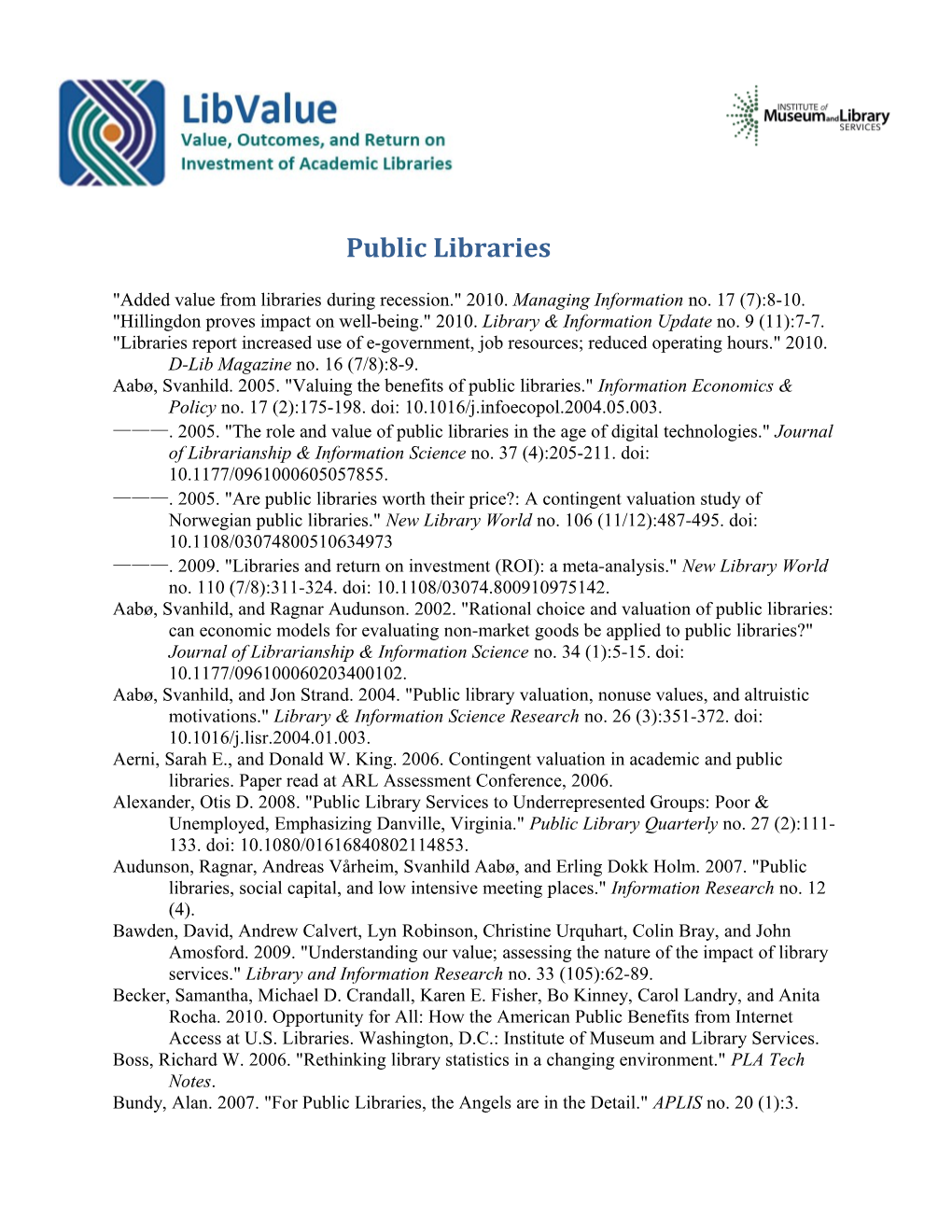 Added Value from Libraries During Recession. 2010. Managing Information No. 17 (7):8-10