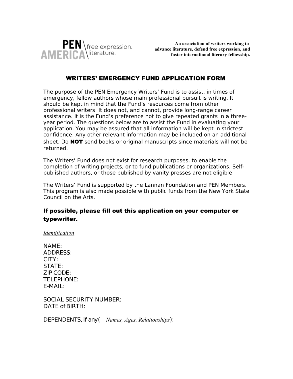 Pen Writers Fund Application Form