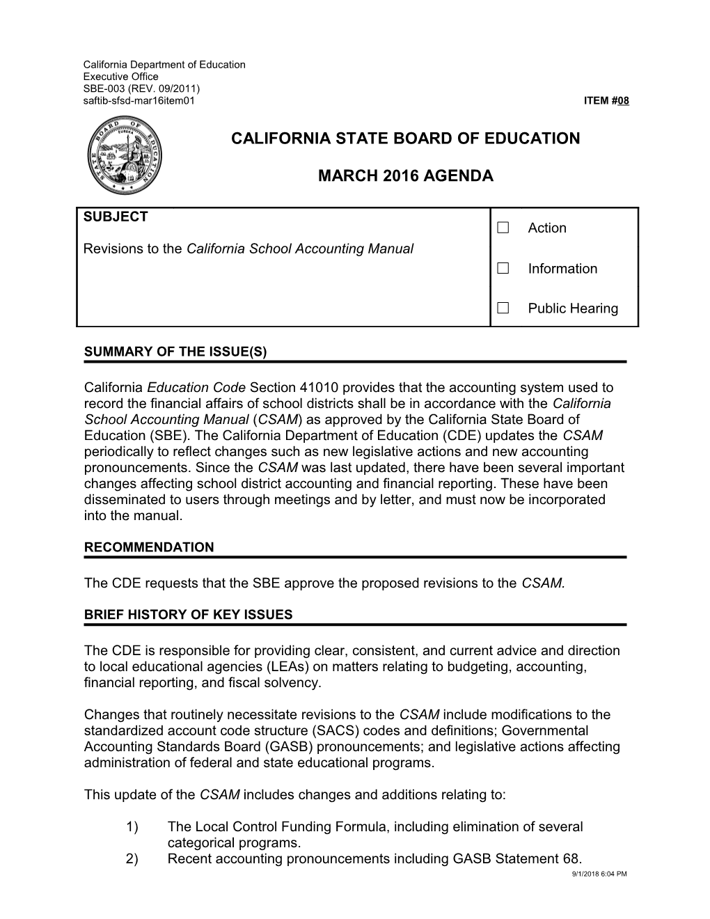 March 2016 Agenda Item 08 - Meeting Agendas (CA State Board of Education)