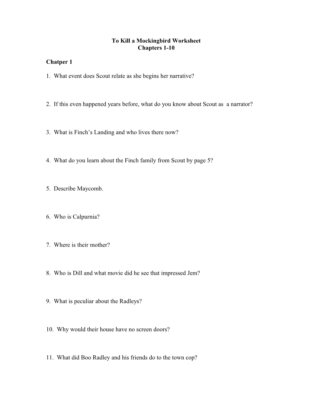 To Kill a Mockingbird Worksheet